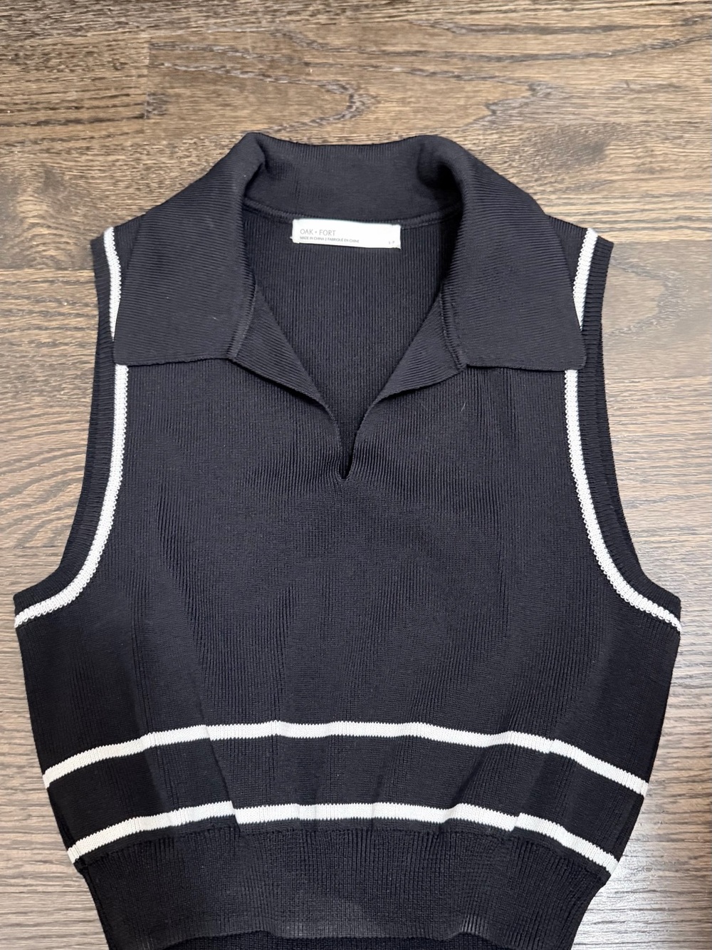 OAK + FORT Black Ribbed Collared Knit Top